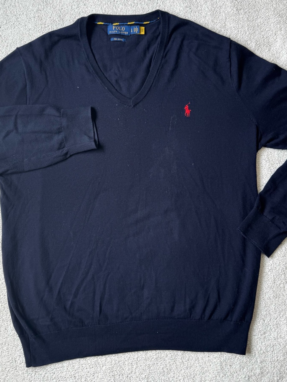 Ralph Lauren Navy V-Neck Sweater with Red Pony Logo